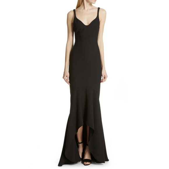 CINQ a SEPT Black V-Neck Sweetheart High Low Asymmetric Mermaid Maxi Gown 0 - Picture 1 of 13